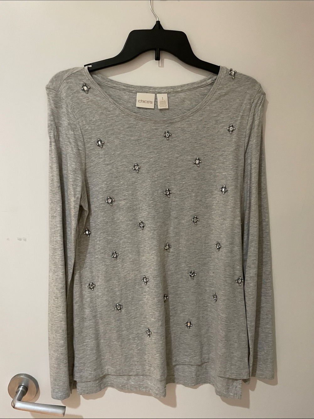 Chico's Light Gray Long-Sleeve Tee with Jewel Embellishments